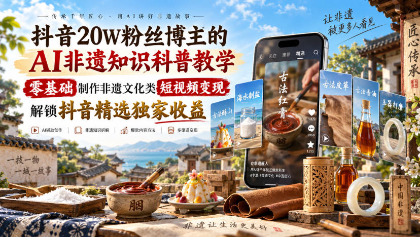 抖音20W粉丝博主的AI非遗知识科普教学，零基础制作非遗文化类短视频变现，解锁抖音精选独家收益-九节课