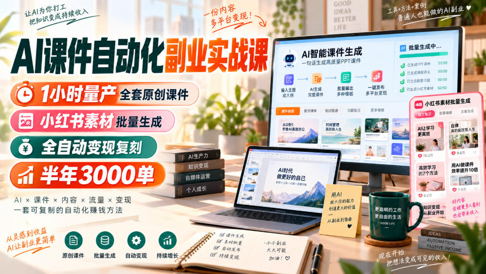 AI课件自动化副业实战课，1小时量产全套原创课件，小红书素材批量生成，全自动变现复刻，半年3000单-九节课