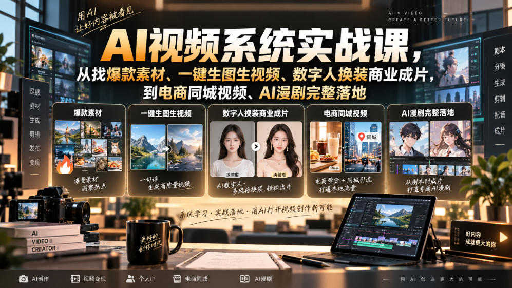 AI视频系统实战课，从找爆款素材、一键生图生视频、数字人换装商业成片，到电商同城视频、AI漫剧完整落地-九节课