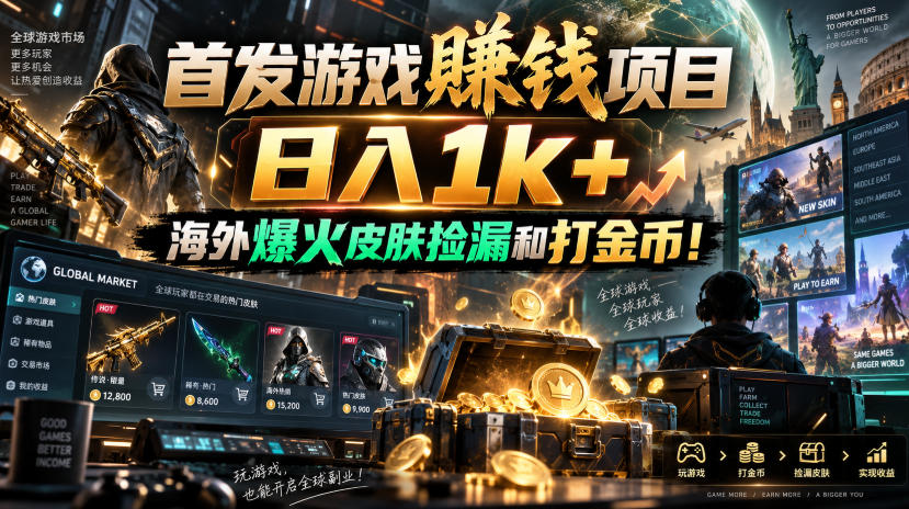 首发游戏賺钱项目，日入1k+，海外爆火皮肤捡漏和打金币！【揭秘】-九节课
