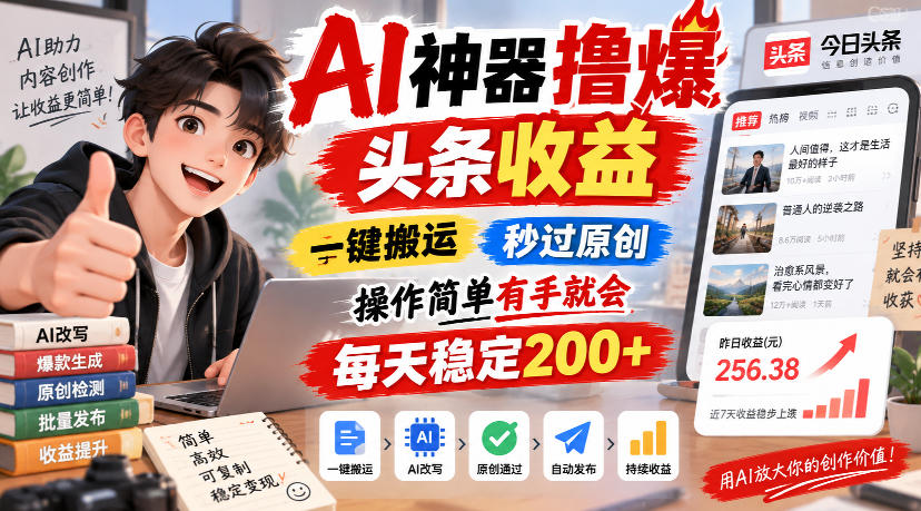 AI神器撸爆头条收益，一键搬运，秒过原创，操作简单有手就会，每天稳定200+【揭秘】-九节课