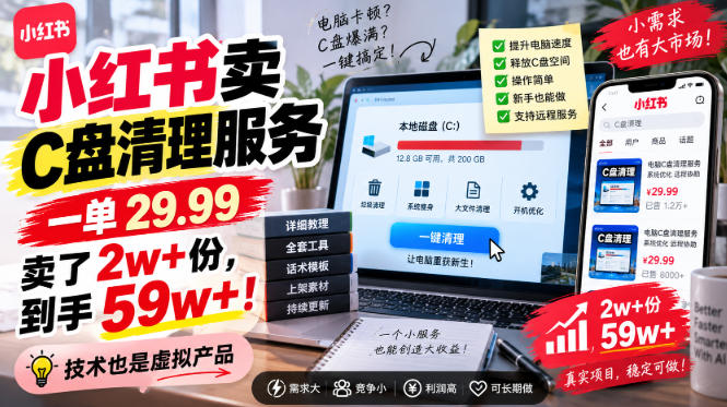 小红书卖C盘清理服务，一单29.99，卖了2w+份，技术也是虚拟产品-九节课