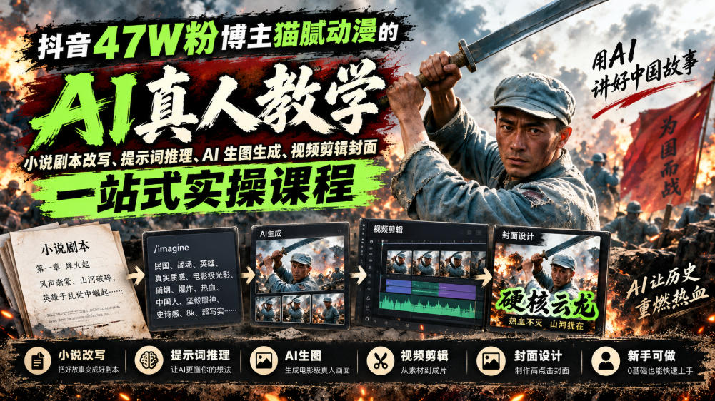 抖音47W粉博主猫腻动漫的AI真人漫剧教学，小说剧本改写、提示词推理、AI生图生成、视频剪辑封面一站式实操课程-九节课