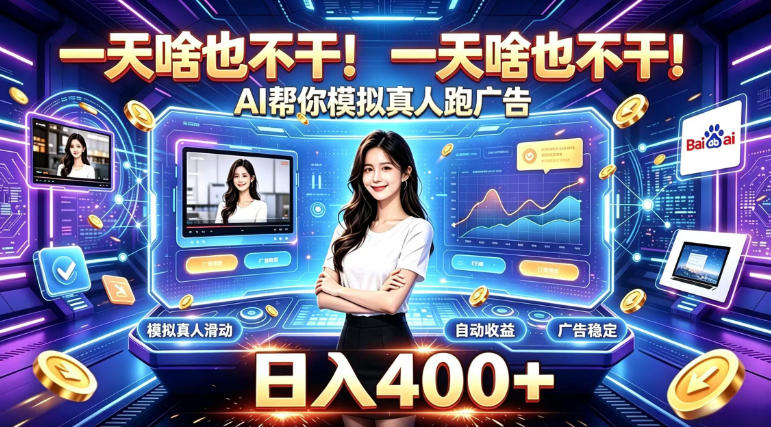 一天啥也不干！AI帮你模拟真人跑广告，稳定日入400+，实现真正被动变现【揭秘】-九节课
