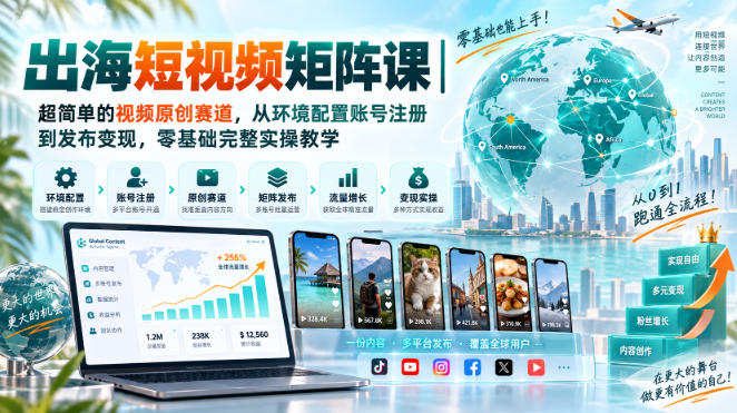 出海短视频矩阵课｜超简单的视频原创赛道，从环境配置账号注册到发布变现，零基础完整实操教学-九节课