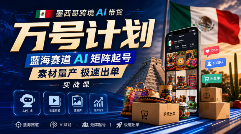 墨西哥跨境AI带货万号计划，蓝海赛道AI矩阵起号，素材量产极速出单实战课-九节课