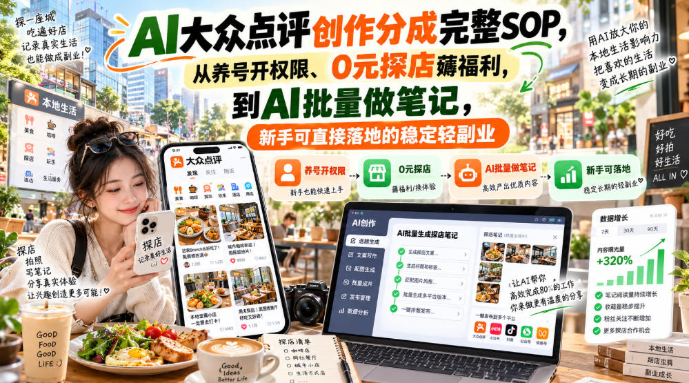 【无水印】AI大众点评创作分成完整SOP，从养号开权限、0元探店薅福利，到AI批量做笔记，新手可直接落地的稳定轻副业-九节课