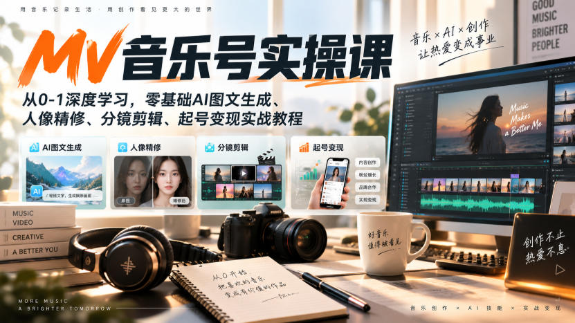 AI MV音乐号实操课，从0-1深度学习，零基础AI图文生成、人像精修、分镜剪辑、起号变现实战教程-九节课