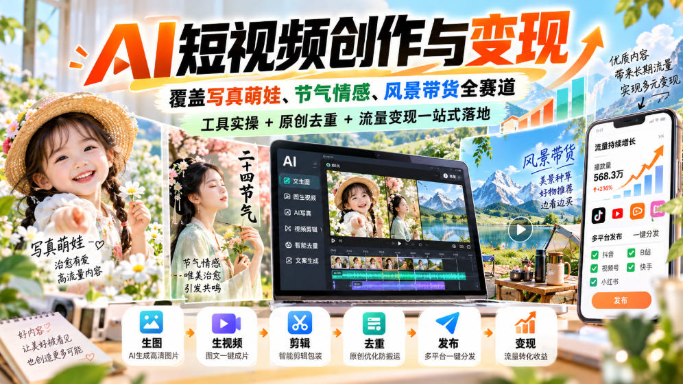 AI短视频创作与变现，覆盖写真萌娃、节气情感、风景带货全赛道，工具实操+原创去重+流量变现一站式落地-九节课