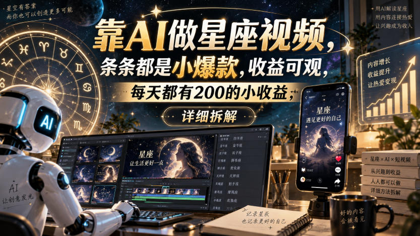 靠AI做星座视频，条条都是小爆款，收益可观，每天都有200的小收益，详细拆解-九节课
