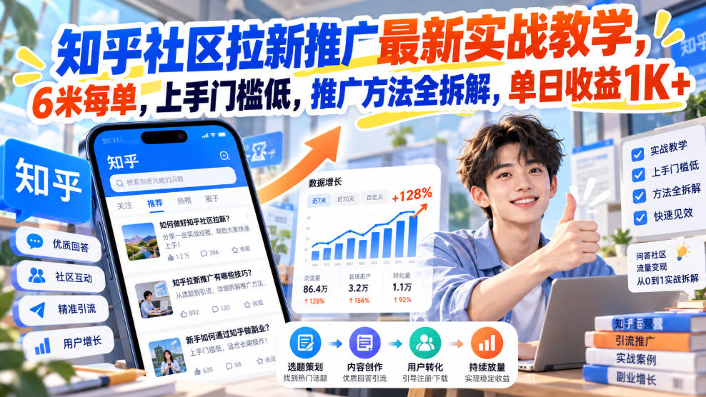 知乎社区拉新推广最新实战教学，6米每单，上手门槛低，推广方法全拆解，单日收益1K+！-九节课