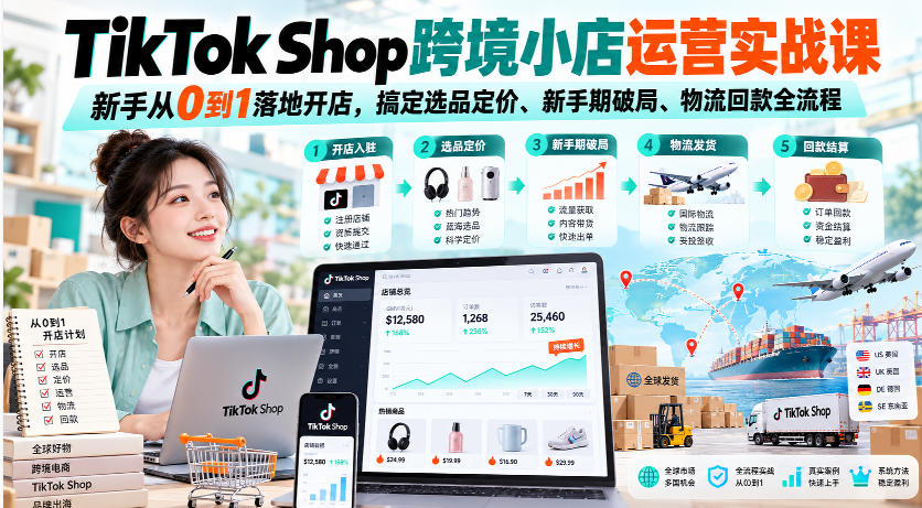 TikTok Shop跨境小店运营实战课，新手从0到1落地开店，搞定选品定价、新手期破局、物流回款全流程-九节课