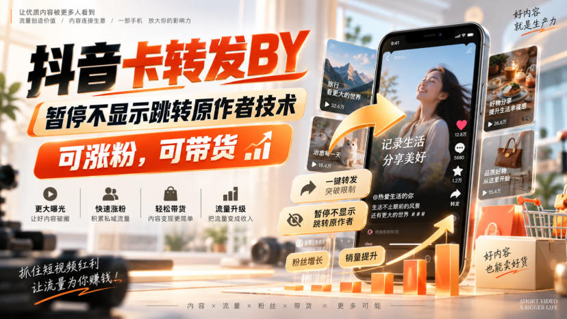 抖音卡转发搬运，暂停不显示跳转原作者技术，可涨粉，可带货-九节课