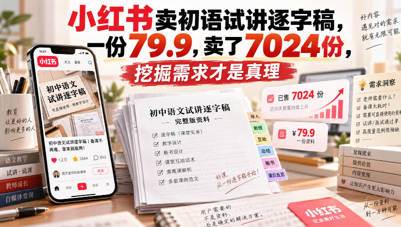 小红书卖初语试讲逐字稿，一份79.9，卖了7024份，挖掘需求才是真理-九节课