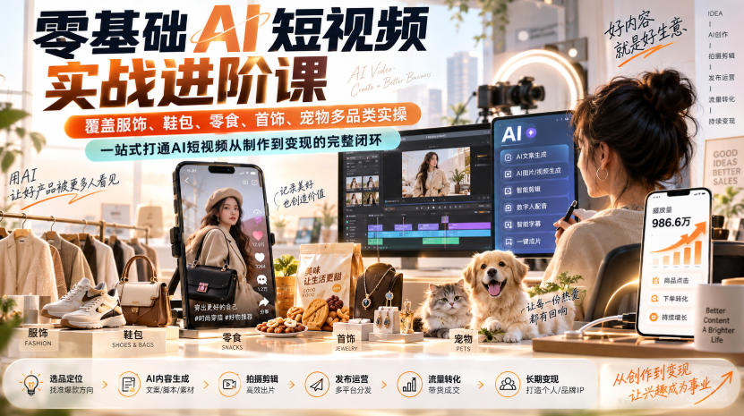 零基础AI短视频实战进阶课，覆盖服饰、鞋包、零食、首饰、宠物多品类实操，一站式打通AI短视频从制作到变现的完整闭环-九节课