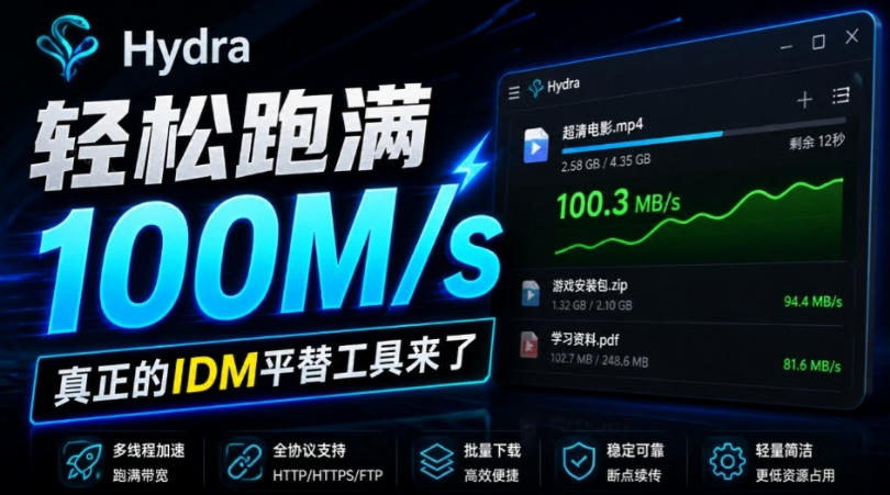 轻松跑满100M/s，真正的IDM平替工具来了，开源多线程器，支持浏览器拓展，一键智能加速Hydra Download Manager-九节课