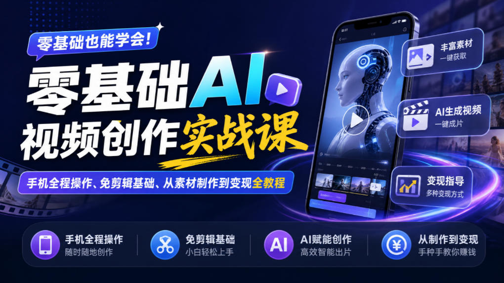 零基础AI视频创作实战课｜手机全程操作、免剪辑基础、从素材制作到变现全教程​-九节课