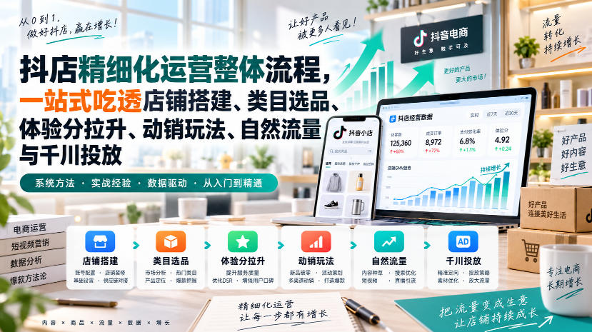 李哥电商-抖店精细化运营整体流程，一站式吃透店铺搭建、类目选品、体验分拉升、动销玩法、自然流量与千川投放-九节课