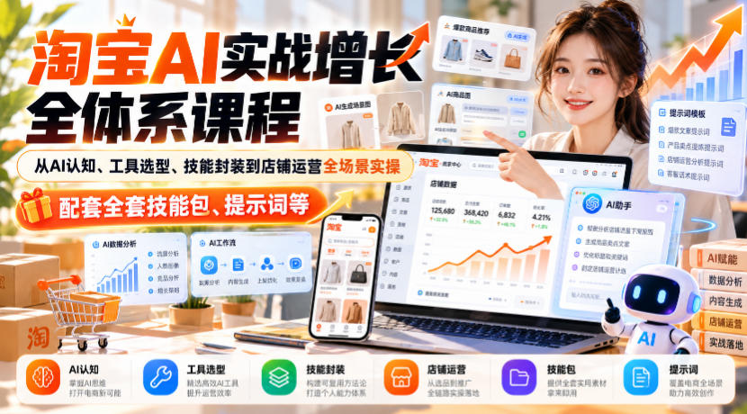 淘宝AI实战增长全体系课程，从AI认知、工具选型、技能封装到店铺运营全场景实操，配套全套技能包、提示词等-九节课