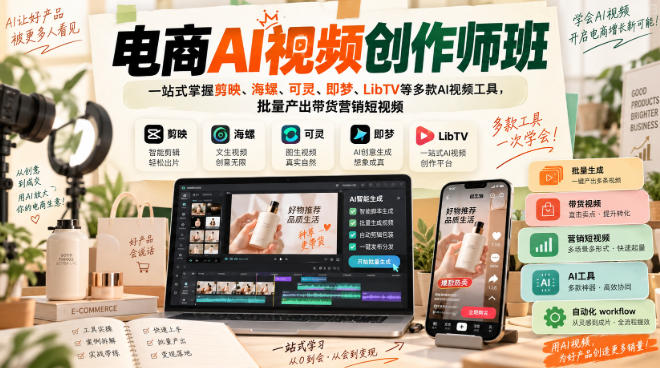 电商AI视频创作师班，一站式掌握剪映、海螺、可灵、即梦、LibTV等多款AI视频工具，批量产出带货营销短视频-九节课