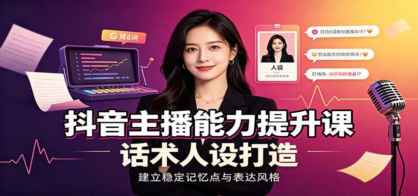 抖音主播能力提升课：账号底层逻辑，直播间搭建调试，话术人设打造全套教学-九节课