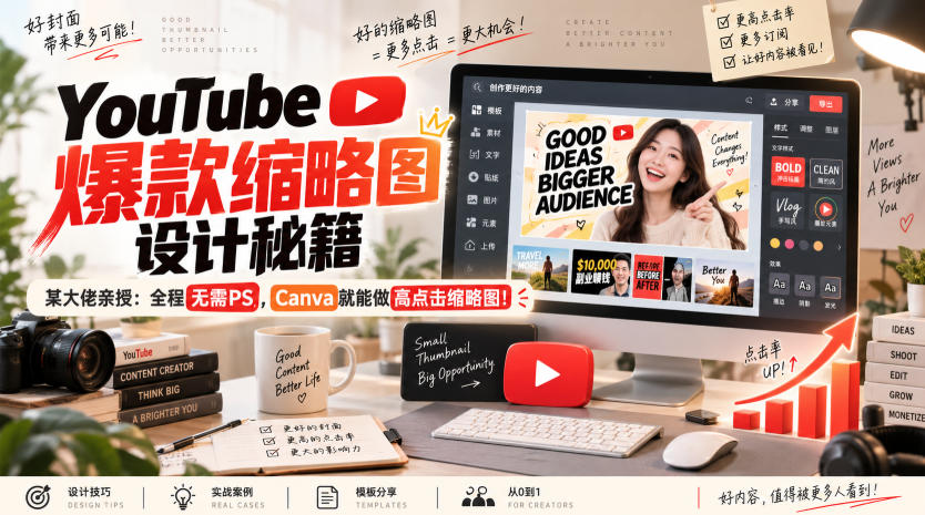 YouTube爆款缩略图设计秘籍，某油管大佬（610万订阅者）亲授，全程无需PS，Canva就能做高点击缩略图！【原创双语字幕】-九节课