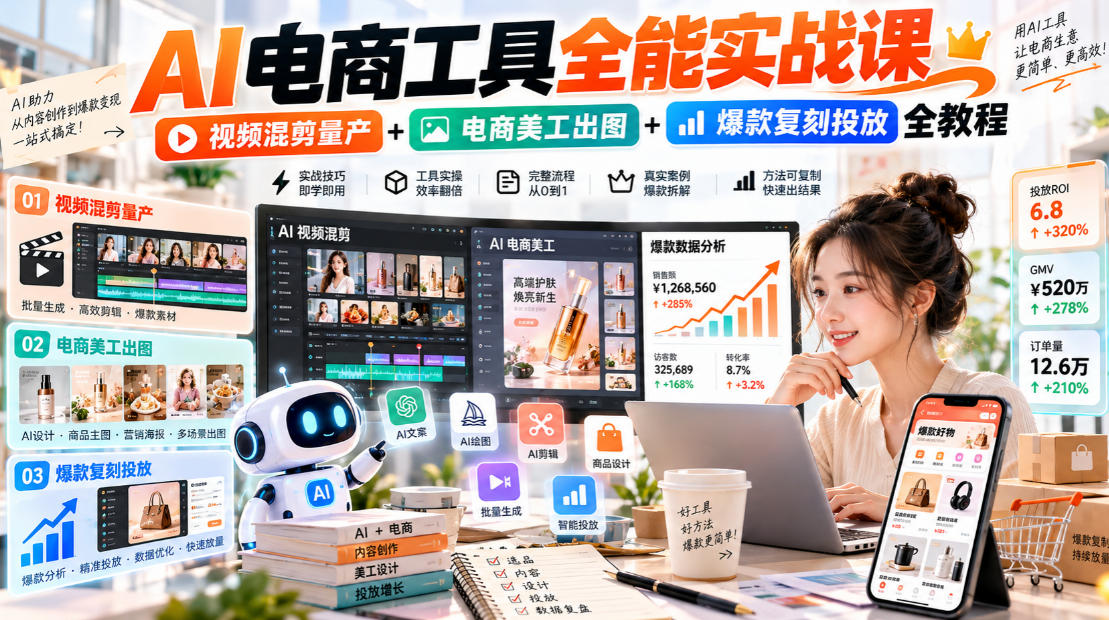 AI电商工具全能实战教学，视频混剪量产+电商美工出图+爆款复刻投放全教程​-九节课