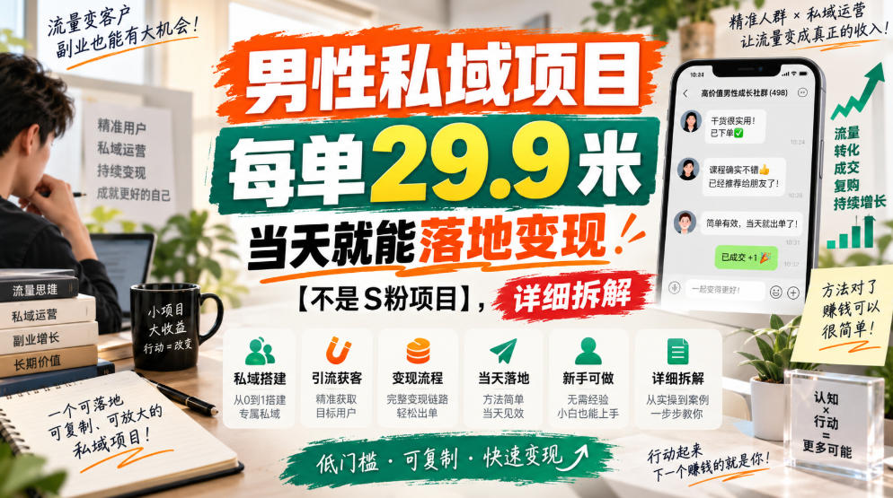 男性私域项目，每单29.9米，当天就能落地变现【不是S粉项目】，详细拆解-九节课
