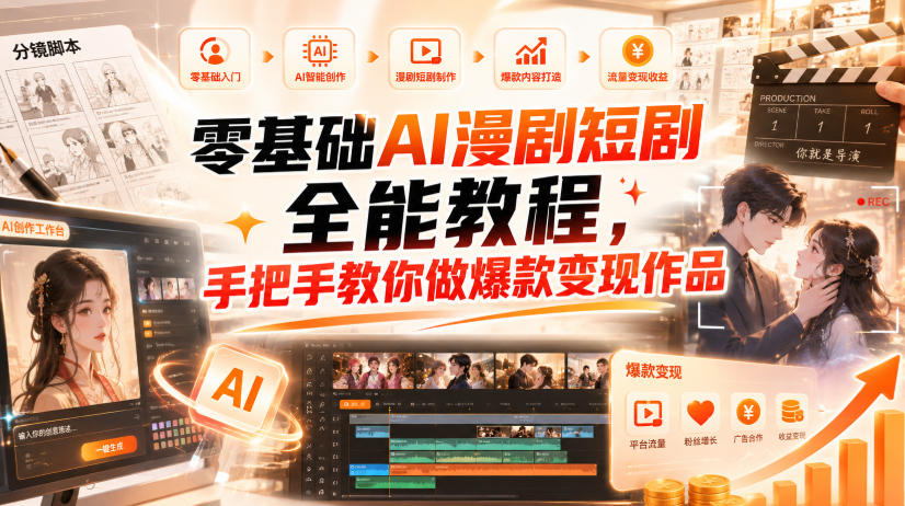 零基础AI漫剧短剧全能教程，从AI智能体搭建、文案脚本分镜、多平台AI生视频、剪映精修，覆盖全题材创作，手把手教你做爆款变现作品-九节课