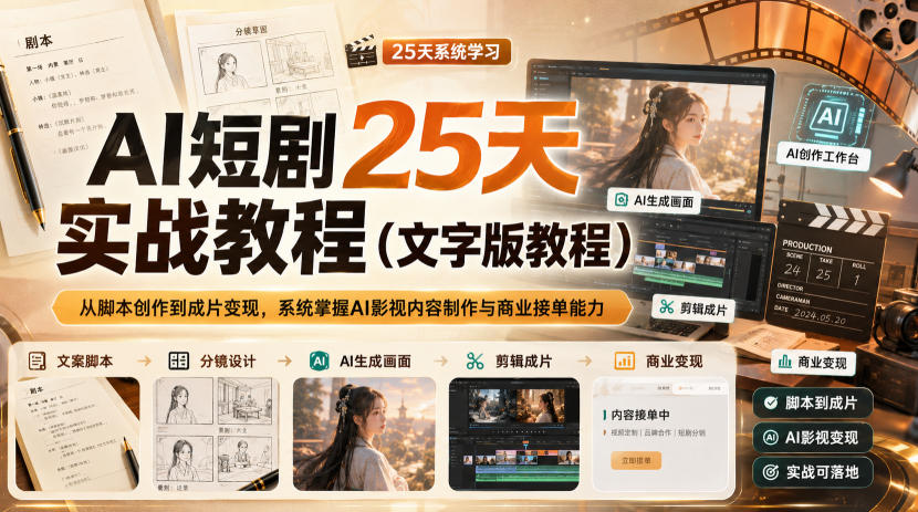 AI短剧25天实战教程（文字版教程），从脚本创作到成片变现，系统掌握AI影视内容制作与商业接单能力-九节课