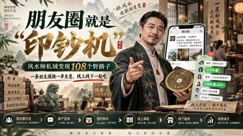 朋友圈就是“印钞机”，风水师私域变现108个野路子，一条朋友圈换一单生意，线上线下一起吃【文档】-九节课