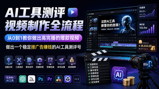 AI工具测评视频制作全流程，从0到1教你做出高完播的爆款视频，做出一个稳定接广告賺钱的AI工具测评号-九节课