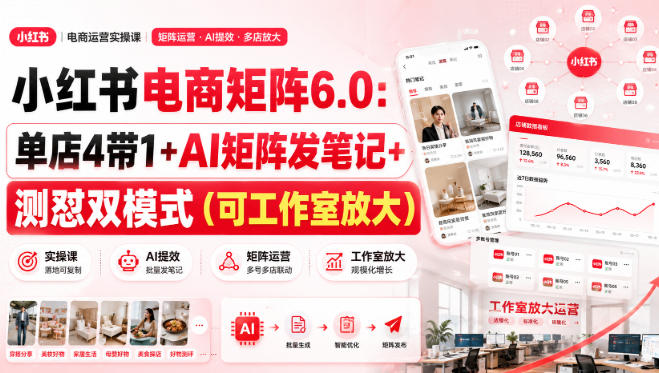 小红书电商矩阵6.0：单店4带1+AI矩阵发笔记+测怼双模式（可工作室放大）-九节课