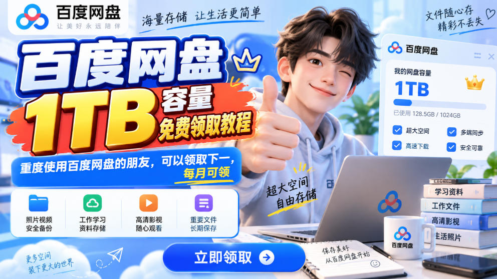 百度网盘1TB容量免费领取教程，重度使用百度网盘的朋友，可以领取下一，每月可领-九节课