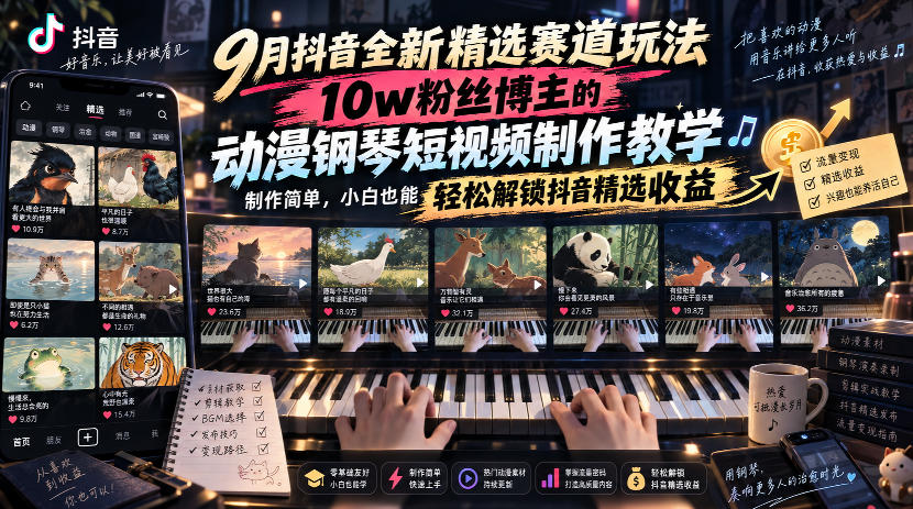 9月抖音全新精选赛道玩法，10w粉丝博主的动漫钢琴短视频制作教学，制作简单，小白也能轻松解锁抖音精选收益-九节课