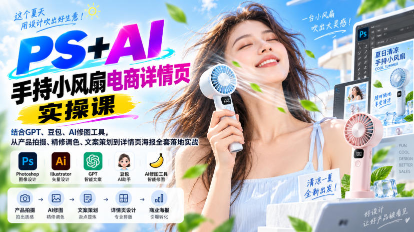 PS+AI手持小风扇电商详情页实操课｜结合GPT、豆包、AI修图工具，从产品拍摄、精修调色、文案策划到详情页海报全套落地实战-九节课