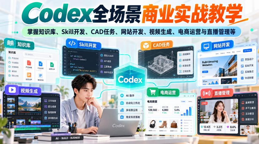 【无水印】Codex全场景商业实战教学，掌握知识库、Skill开发、CAD任务、网站开发、视频生成、电商运营与直播管理等-九节课