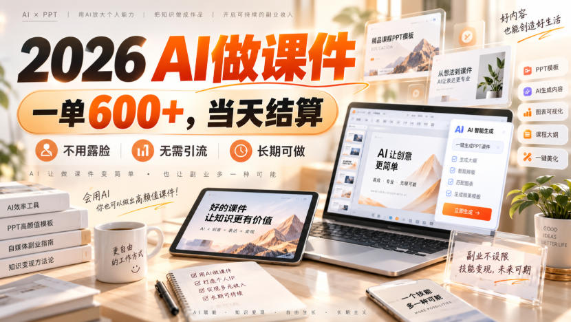 2026 AI做课件，一单600+，当天结算，不用露脸，无需引流，长期可做【揭秘】-九节课