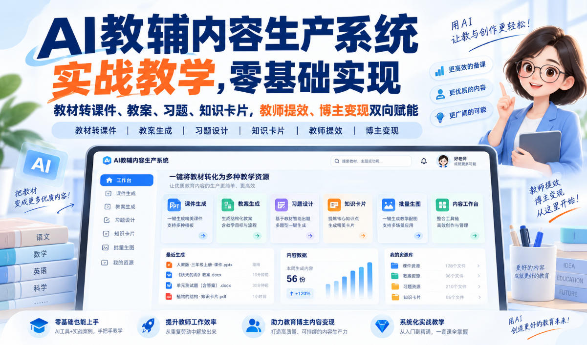 AI教辅内容生产系统实战教学，零基础实现教材转课件、教案、习题、知识卡片，教师提效、博主变现双向赋能-九节课