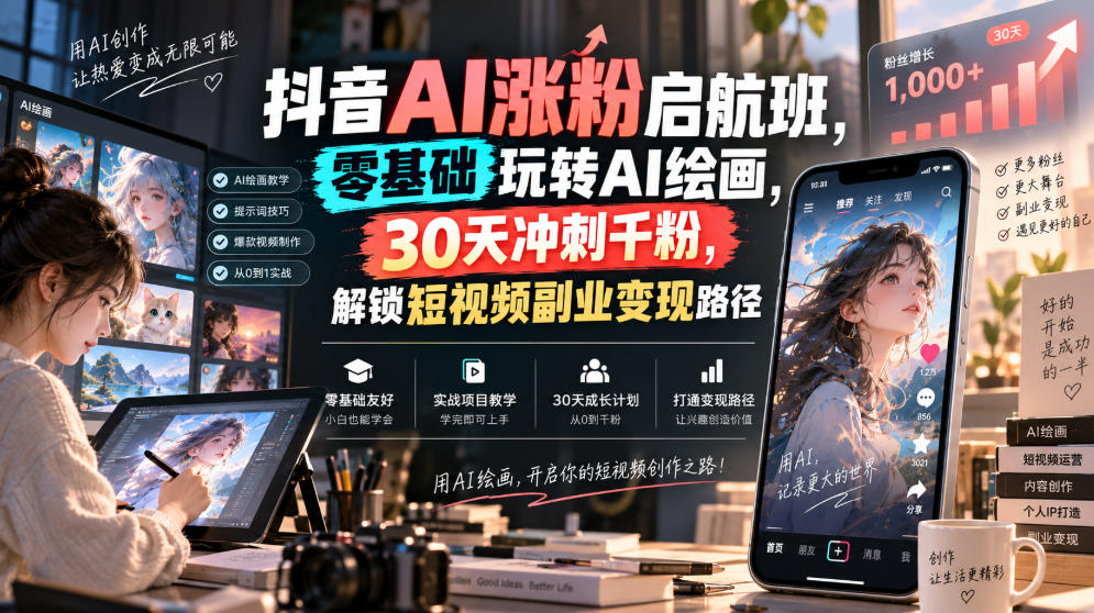 抖音AI涨粉启航班，零基础玩转AI绘画，30天冲刺千粉，解锁短视频副业变现路径-九节课