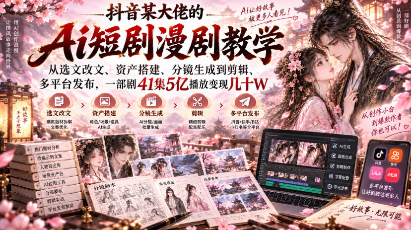 抖音某大佬的Ai短剧漫剧教学，从选文改文、资产搭建、分镜生成到剪辑、多平台发布，一部剧41集5亿播放变现几十W-九节课
