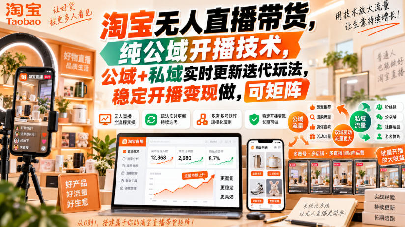 淘宝无人直播带货，纯公域开播技术，公域+私域实时更新迭代玩法，稳定开播变现做，可矩阵【揭秘】-九节课