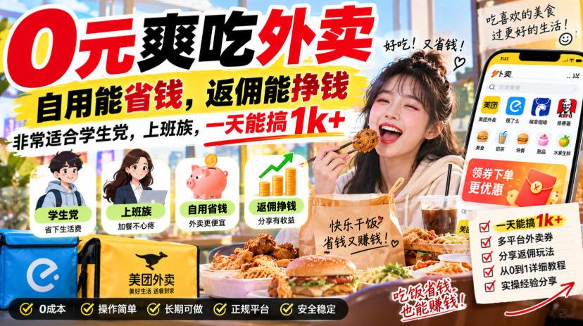 0元爽吃外卖，自用能省钱，返佣能挣钱，非常适合学生党，上班族，一天能搞1k+-九节课