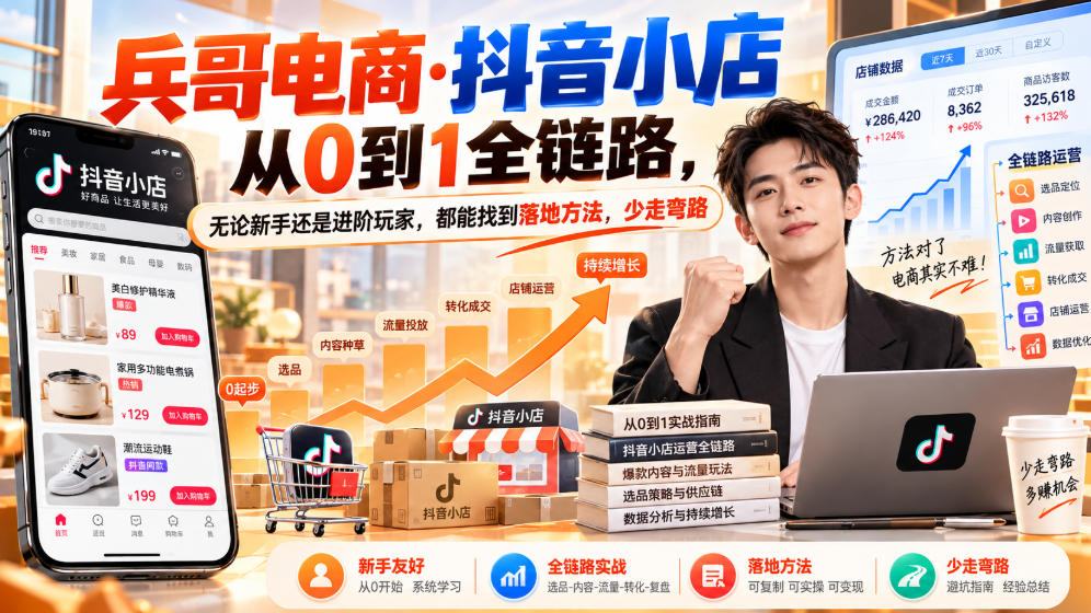 【无水印】兵哥电商·抖音小店从0到1全链路，无论新手还是进阶玩家，都能找到落地方法，少走弯路（更新9月）-九节课