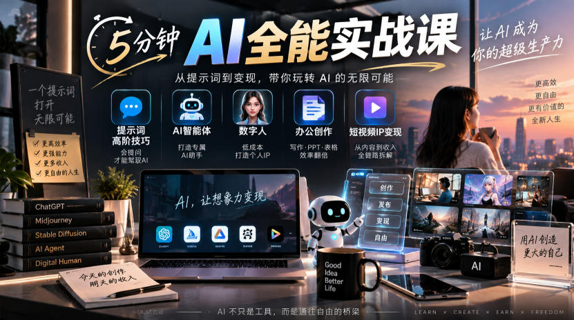 5分钟AI全能实战课｜提示词高阶技巧+AI智能体+数字人+办公创作+短视频IP变现全教程-九节课