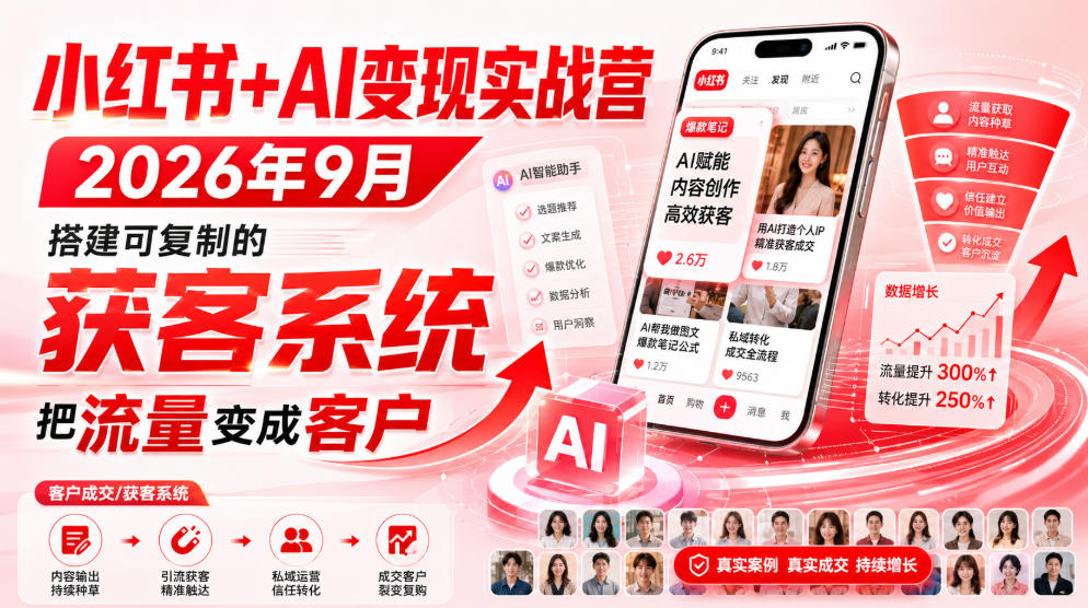 小红书+AI变现实战营2026年9月，搭建可复制的获客系统，把流量变成客户！-九节课