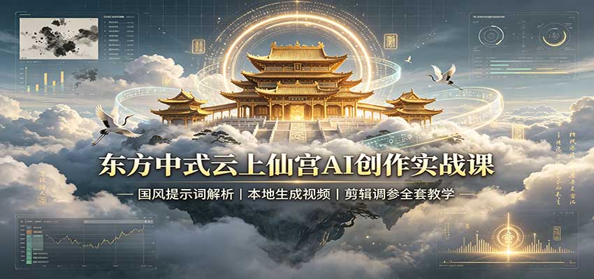 东方中式云上仙宫AI创作实战课：国风提示词解析，本地生成视频，剪辑调参全套教学-九节课