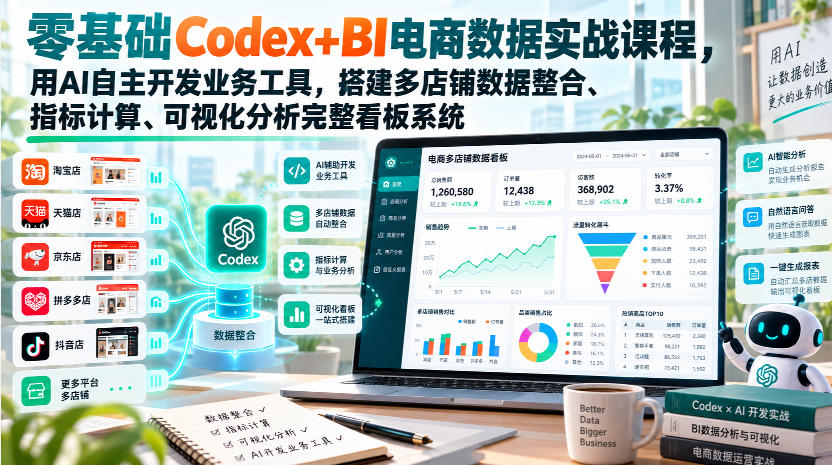 零基础Codex+BI电商数据实战课程,用AI自主开发业务工具,搭建多店铺数据整合、指标计算、可视化分析完整看板系统-九节课