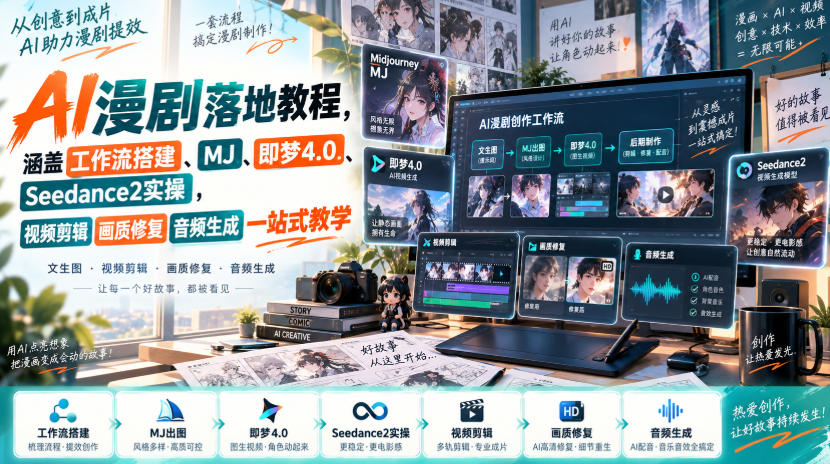 AI漫剧落地教程，涵盖工作流搭建、MJ、即梦4.0、Seedance2实操，视频剪辑画质修复音频生成一站式教学-九节课
