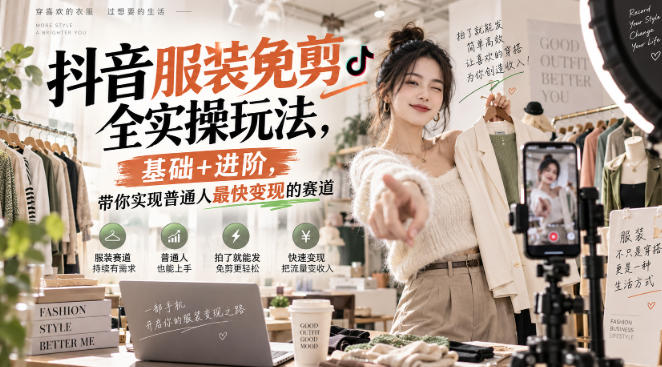 抖音服装免剪全实操玩法，基础+进阶，带你实现普通人最快变现的赛道-九节课